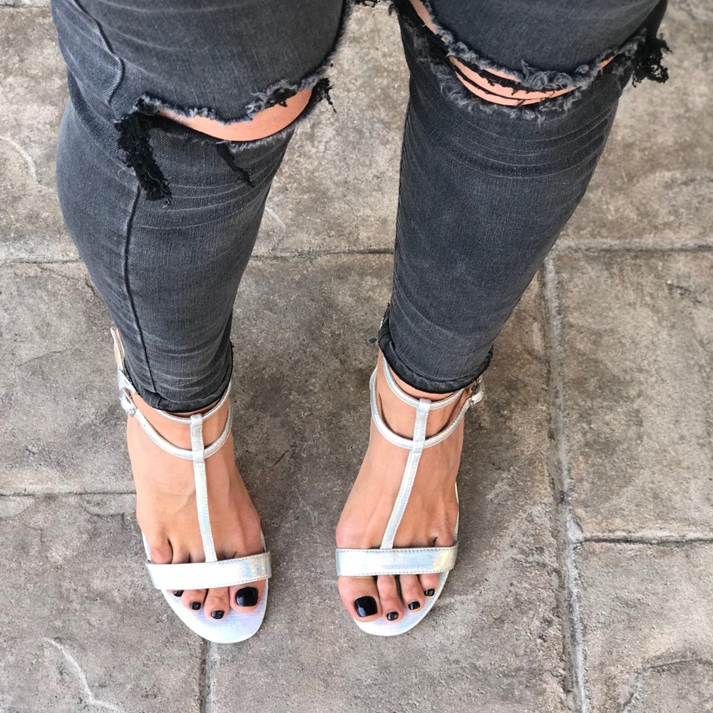 Metallic Silver Leather Ankle Strap T Strap Sandal - Picture 4 of 5